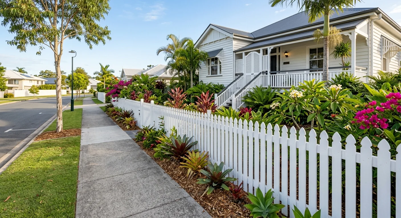 New picket fence along a front yard with garden beds and plants on a Gold Coast property