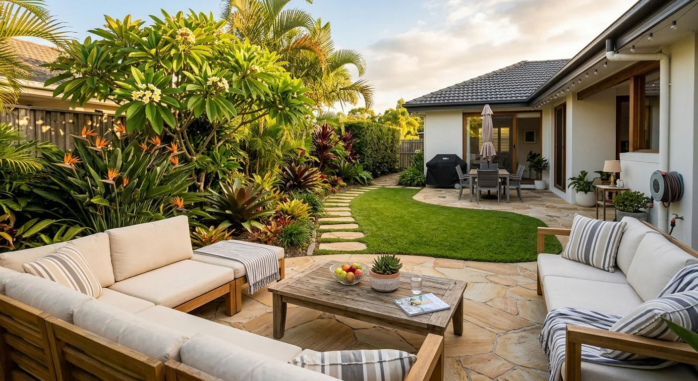 Outdoor entertaining area with paved patio, tropical garden beds, and stepping stone pathway on a Gold Coast home