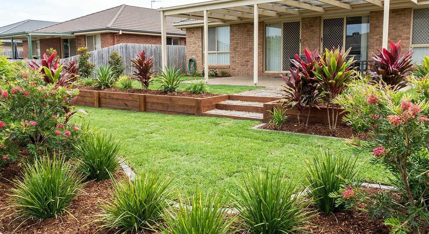 Professional landscaping project on a Gold Coast residential property with subtropical plants and fresh turf
